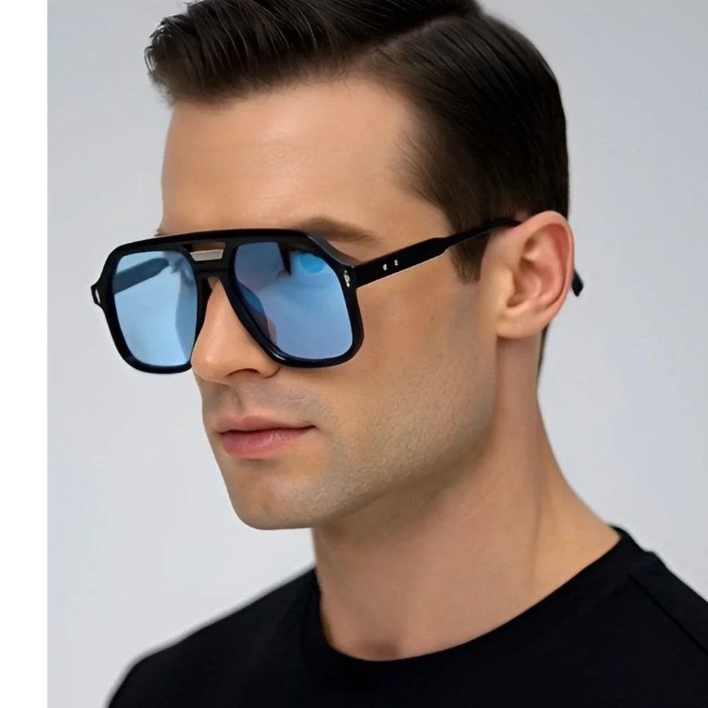 Mens Black Oversized Navigator Sunglasses‎ Blue Tinted Lens Square Aviator Frame
